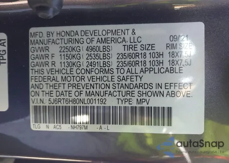 2022 Honda Cr-V Hybrid Ex-L from USA, damaged, VIN 5J6RT6H80NL001192
